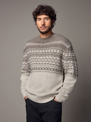 Neutral/Ecru Crew Neck Regular Fit Fairisle Pattern Jumper with Wool - Image 1 of 8