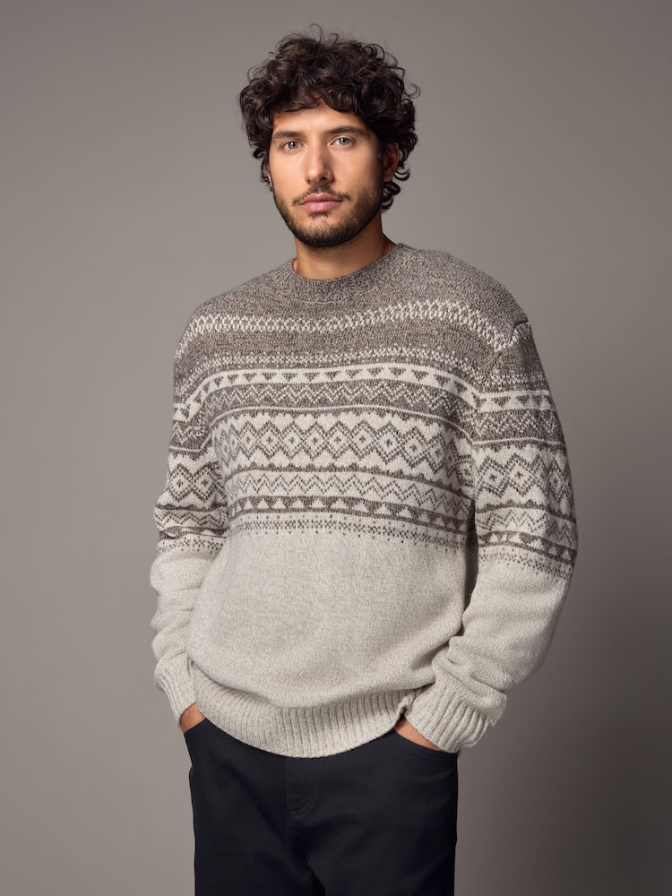 Neutral/Ecru Crew Neck Regular Fit Fairisle Pattern Jumper with Wool - Image 1 of 8