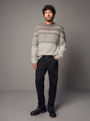 Neutral/Ecru Crew Neck Regular Fit Fairisle Pattern Jumper with Wool - Image 2 of 8