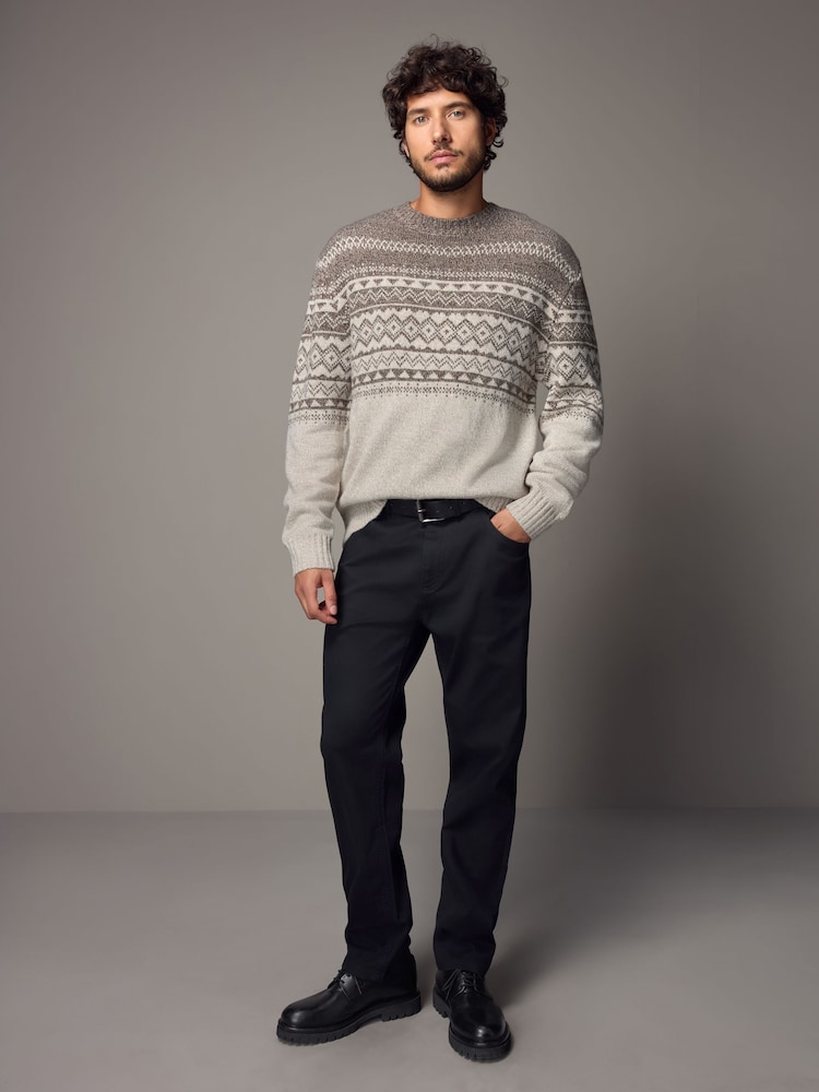 Neutral/Ecru Crew Neck Regular Fit Fairisle Pattern Jumper with Wool - Image 2 of 8