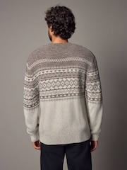 Neutral/Ecru Crew Neck Regular Fit Fairisle Pattern Jumper with Wool - Image 3 of 8