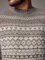 Neutral/Ecru Crew Neck Regular Fit Fairisle Pattern Jumper with Wool - Image 4 of 8