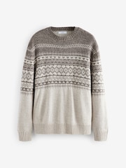 Neutral/Ecru Crew Neck Regular Fit Fairisle Pattern Jumper with Wool - Image 6 of 8