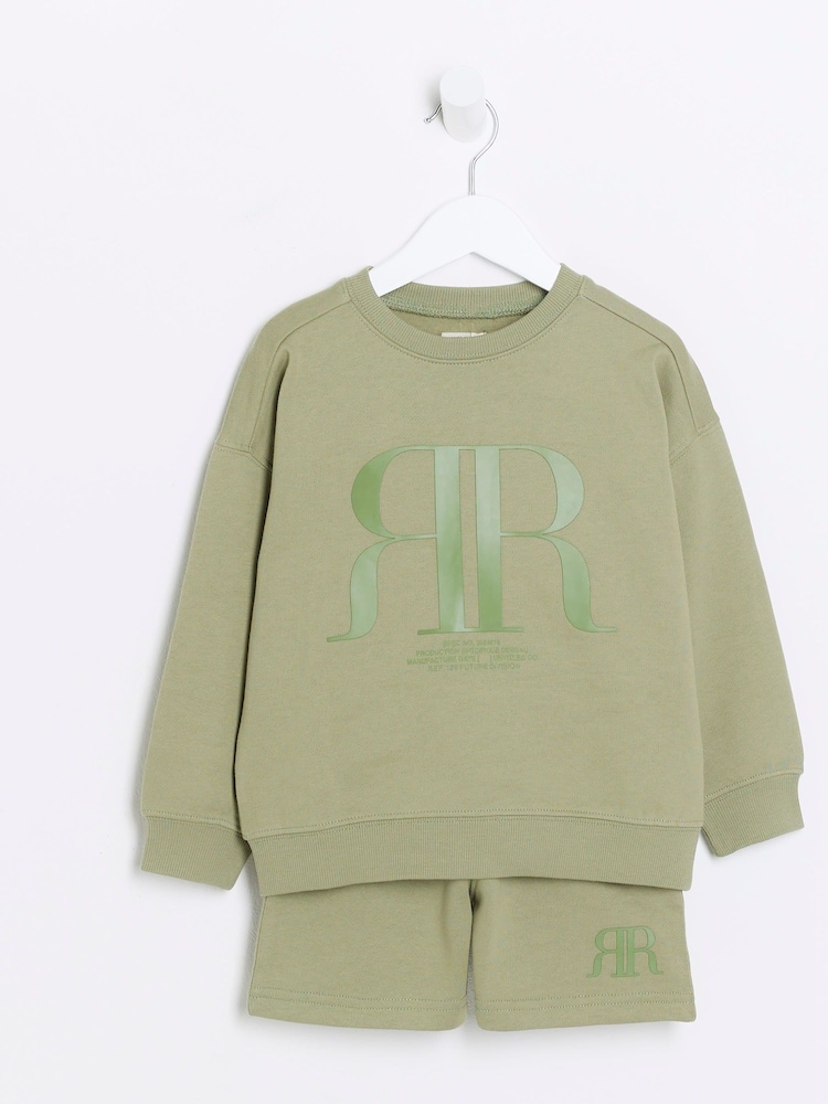 River Island Green Boys 100% Cotton Sweat Shorts Set - Image 3 of 5