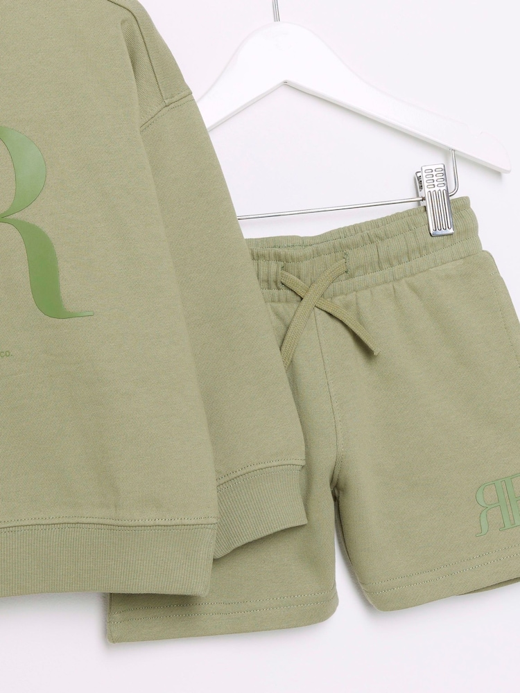 River Island Green Boys 100% Cotton Sweat Shorts Set - Image 4 of 5