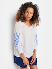 M&Co White 100% Cotton Floral Embroidered Sleeve Notch Neck Blouse - Image 1 of 6