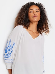 M&Co White 100% Cotton Floral Embroidered Sleeve Notch Neck Blouse - Image 5 of 6
