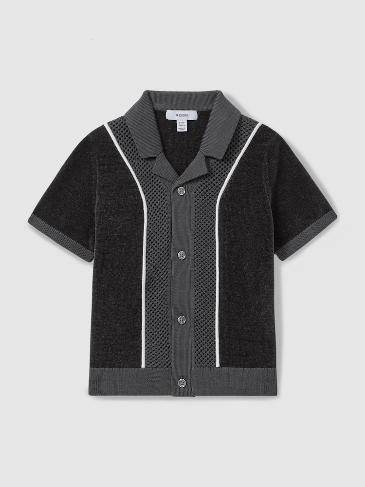 Reiss Steel Blue Meastro 9-13 yrs Hybrid Velour Cuban Collar Shirt - Image 2 of 4