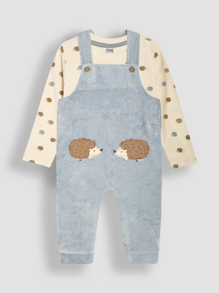 JoJo Maman Bébé Light Blue Hedgehog 2-Piece Velour Appliqué Dungarees & Top Set - Image 1 of 6