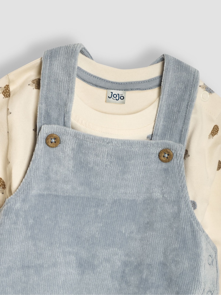 JoJo Maman Bébé Light Blue Hedgehog 2-Piece Velour Appliqué Dungarees & Top Set - Image 6 of 6