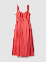 Reiss Coral Liza Cotton Ruched Strap Belted Midi Dress - Image 2 of 6