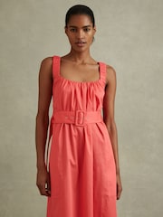 Reiss Coral Liza Cotton Ruched Strap Belted Midi Dress - Image 3 of 6