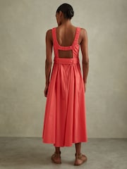 Reiss Coral Liza Cotton Ruched Strap Belted Midi Dress - Image 4 of 6