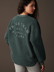 Teal Blue City Graphic Print Relaxed Fit Teddy Borg Fleece Cord Back Longline Crew Neck Sweatshirt - Image 1 of 7