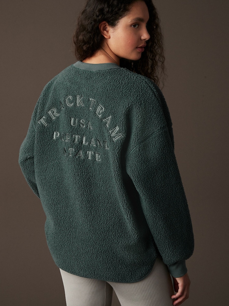Teal Blue City Graphic Print Relaxed Fit Teddy Borg Fleece Cord Back Longline Crew Neck Sweatshirt - Image 1 of 7