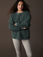 Teal Blue City Graphic Print Relaxed Fit Teddy Borg Fleece Cord Back Longline Crew Neck Sweatshirt - Image 2 of 7