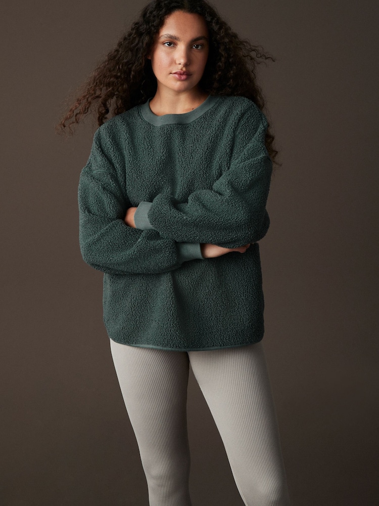 Teal Blue City Graphic Print Relaxed Fit Teddy Borg Fleece Cord Back Longline Crew Neck Sweatshirt - Image 2 of 7