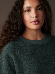 Teal Blue City Graphic Print Relaxed Fit Teddy Borg Fleece Cord Back Longline Crew Neck Sweatshirt - Image 3 of 7