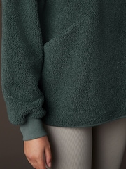 Teal Blue City Graphic Print Relaxed Fit Teddy Borg Fleece Cord Back Longline Crew Neck Sweatshirt - Image 4 of 7