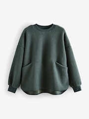 Teal Blue City Graphic Print Relaxed Fit Teddy Borg Fleece Cord Back Longline Crew Neck Sweatshirt - Image 5 of 7