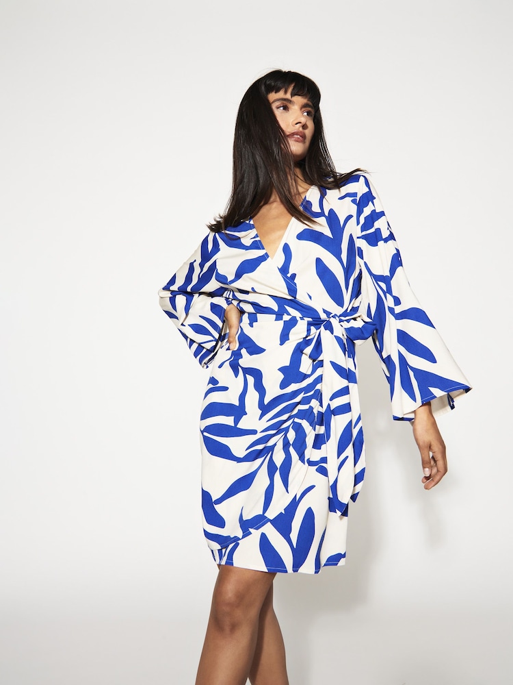JDY Blue Leaf Print Wrap Mini Dress - Image 1 of 8 JDY Blue Leaf Print Wrap Mini Dress - Image 1 of 8