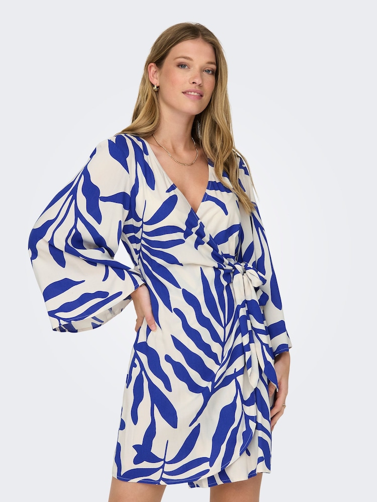 JDY Blue Leaf Print Wrap Mini Dress - Image 2 of 8 JDY Blue Leaf Print Wrap Mini Dress - Image 2 of 8