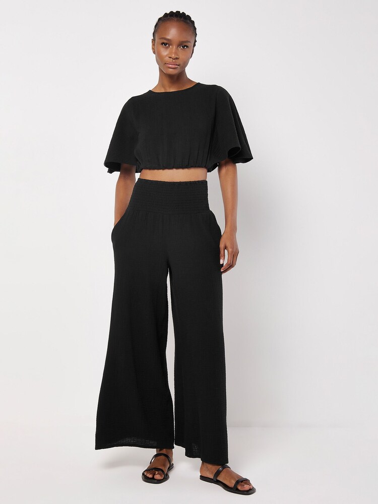 Apricot Black Smocked Waistband Palazzo 100% Cotton Trousers - Image 2 of 4