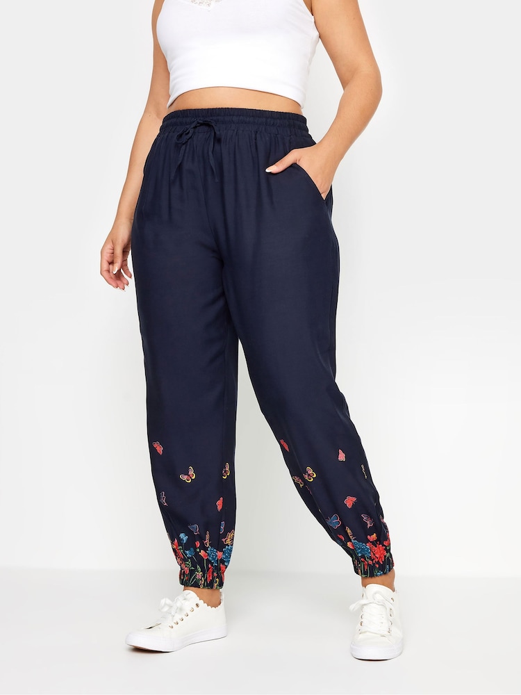 Yours Curve Navy Blue Butterfly Print Border Joggers - Image 1 of 6