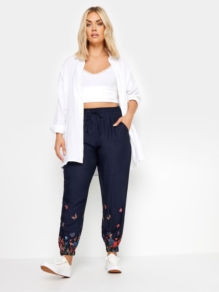 Yours Curve Navy Blue Butterfly Print Border Joggers - Image 2 of 6