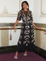 Love & Roses Black Embellished Flutter Sleeved Maxi Dress - Image 1 of 4