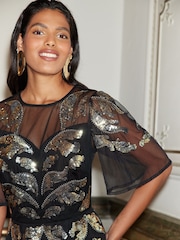 Love & Roses Black Embellished Flutter Sleeved Maxi Dress - Image 2 of 4