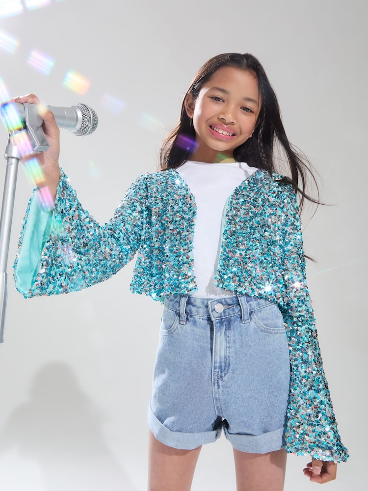 Lipsy Blue Sequin Sparkle Cropped Blazer (5-16yrs) - Image 1 of 4 Lipsy Blue Sequin Sparkle Cropped Blazer (5-16yrs) - Image 1 of 4