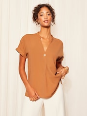 Friends Like These Red V Neck Roll Sleeve Button Blouse - Image 1 of 4