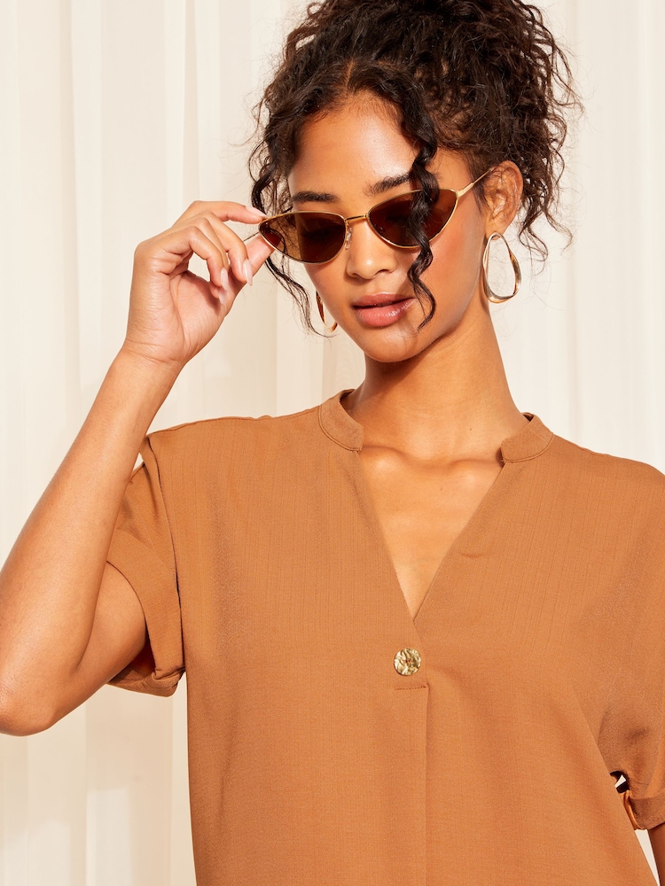Friends Like These Red V Neck Roll Sleeve Button Blouse - Image 2 of 4