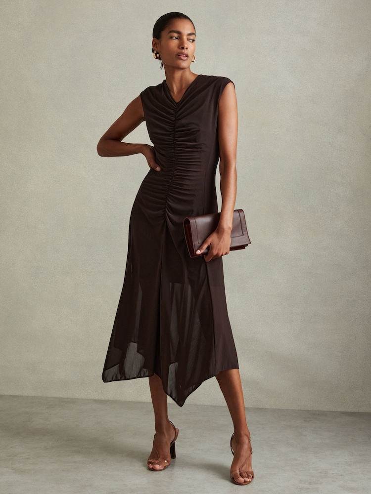 Reiss Chocolate Lyra Mesh Ruched Midi Dress - Image 1 of 6