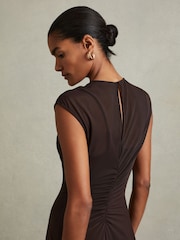 Reiss Chocolate Lyra Mesh Ruched Midi Dress - Image 4 of 6