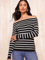 Friends Like These Black Stripe Off The Shoulder Rib Jumper - Image 1 of 4