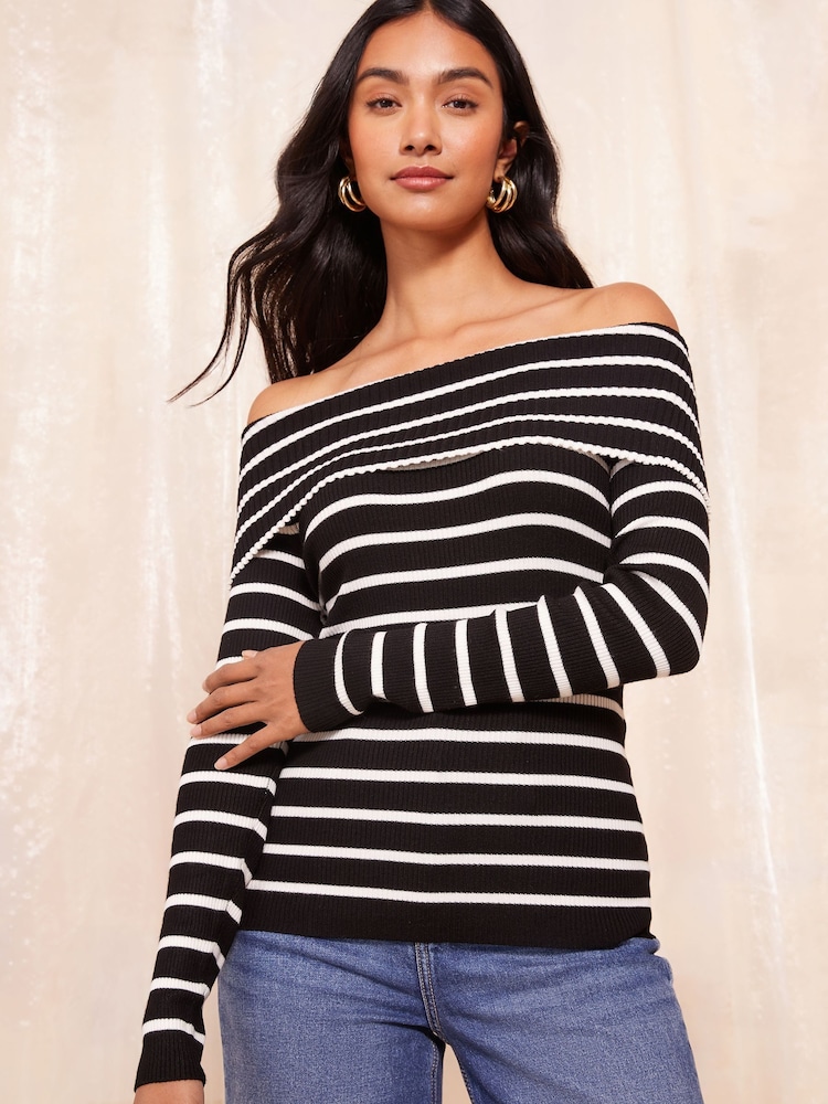 Friends Like These Black Stripe Off The Shoulder Rib Jumper - Image 1 of 4
