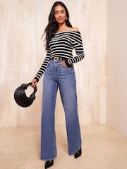 Friends Like These Black Stripe Off The Shoulder Rib Jumper - Image 2 of 4