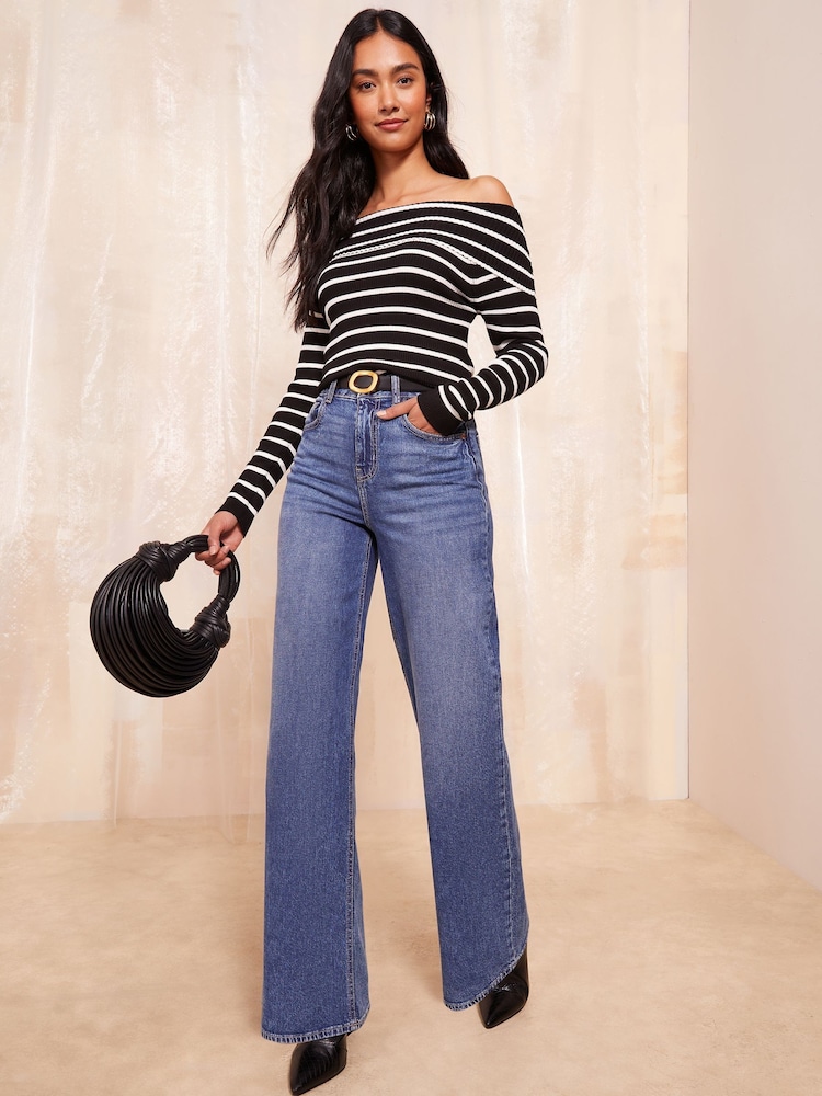 Friends Like These Black Stripe Off The Shoulder Rib Jumper - Image 2 of 4