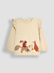 JoJo Maman Bébé Natural Fox Frill Long Sleeve Appliqué Top - Image 1 of 3