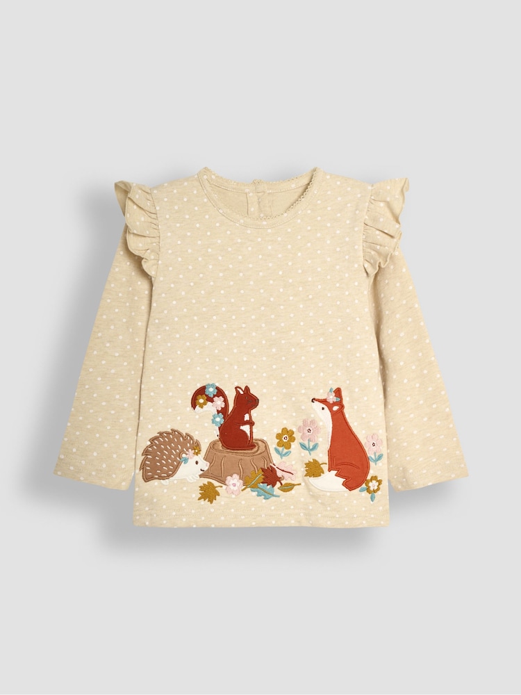 JoJo Maman Bébé Natural Fox Frill Long Sleeve Appliqué Top - Image 1 of 3