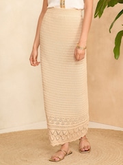 Love & Roses Metallic Ivory White Crochet Knitted Midi Skirt - Image 1 of 4