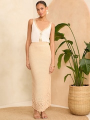 Love & Roses Metallic Ivory White Crochet Knitted Midi Skirt - Image 2 of 4