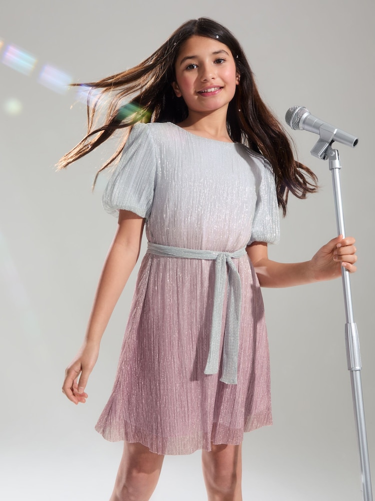 Lipsy Silver/ Pink Ombre Metallic Plisse Dress (5-16yrs) - Image 1 of 4