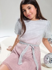 Lipsy Silver/ Pink Ombre Metallic Plisse Dress (5-16yrs) - Image 2 of 4