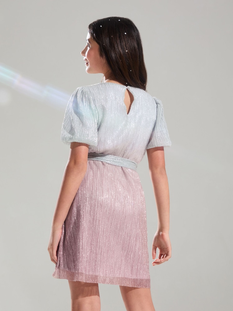 Lipsy Silver/ Pink Ombre Metallic Plisse Dress (5-16yrs) - Image 4 of 4