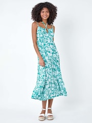 Dusk Blue Floral Strappy Cross Over Midi Dress - Image 1 of 5