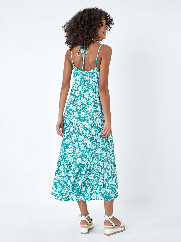 Dusk Blue Floral Strappy Cross Over Midi Dress - Image 2 of 5