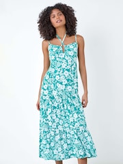 Dusk Blue Floral Strappy Cross Over Midi Dress - Image 3 of 5